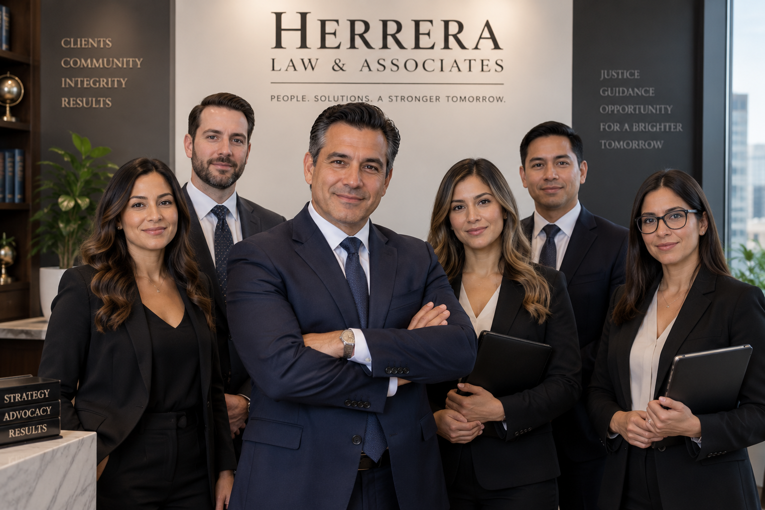 A group portrait in the Herrera Law & Associates office